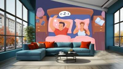 Insomnia couple. Snore apnea sleep trouble in bed, indifference tired husband, angry wife, home bedroom man woman person problem relationship Wall mural