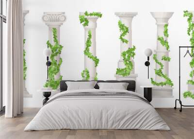 Ivy columns. Marble pillars or ancient stone column with floral vines, green leaf for wedding decoration greek building trellis roman antique podium, ingenious vector illustration Wall mural