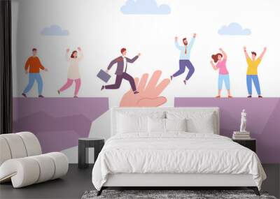 Leader hand helping supporters. Partnership support concept, mentor business trainer help, giant hands supporting bridge at abyss, employee teamwork vector illustration Wall mural