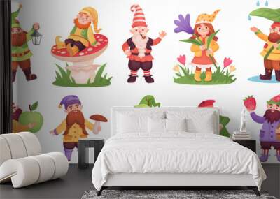 Magical dwarfs. Cartoon little gnomes, fairy tale elf character garden gnome with home decoration lantern mushroom apple, funny small elves friends, ingenious vector illustration Wall mural