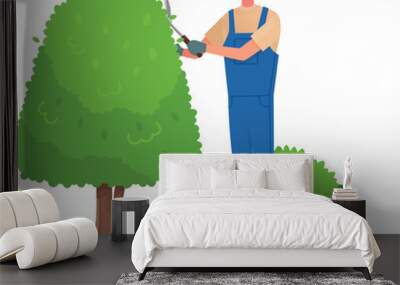 Man trimming green tree foliage. Gardener work Wall mural