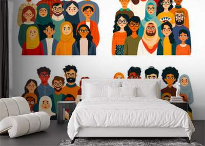 Multicultural crowd cartoon vector illustration. Women men hijab glasses headscarf diversity population dark light skin group diverse people characters multiethnic isolated concepts Wall mural