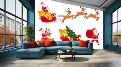 New Year icons set, deers and Christmas tree, Santa sledge vector icons on white background Wall mural