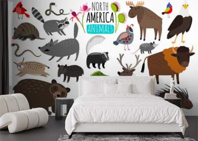 North american animals. Animal graphics of North America, american bison and skunk, cute moose and lynx Wall mural