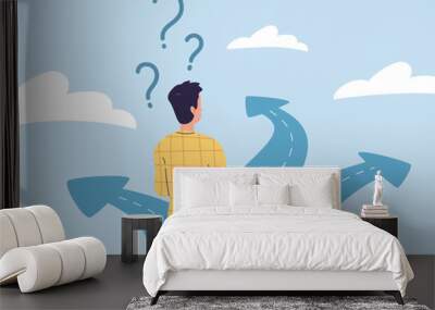 Path select. Decisive or uncertain businessman with questions choosing way direction of future career scenario, alternative paths choice on crossroad concept vector illustration Wall mural