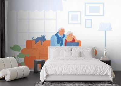 Pensioner on sofa with computer. Happy elderly couple and internet technology, old family sitting at home couch senior husband wife retirement lifestyle Wall mural