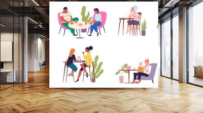 People relax eating. Relaxing leisure cafeteria, couple on chairs eating food in cafe dinner or home, business lunch breakfast coffee break dining meal classy vector illustration Wall mural