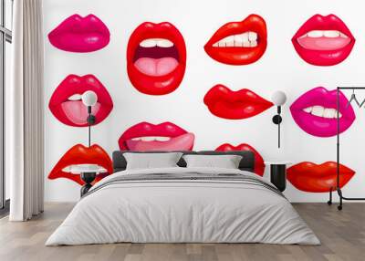 Plump lips. Shine glossy sexy pout lip in red lipstick, smile closed open woman mouth licking tongue, female kiss glamour girl cosmetic makeup cartoon ingenious vector illustration Wall mural