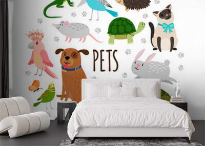 Popular pets round banner design. Vector cartoon animals isolated on white background. Illustration of pet animals, dog and hedgehog, parrot and raccoon Wall mural