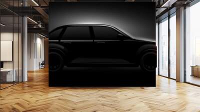 Realistic car silhouette. Black sleek supercar side view, luxury cars with glow headlight in dark night background, abstract hide auto driving Wall mural