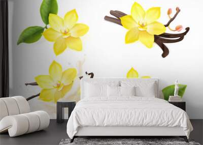 Realistic vanilla flowers. Vanil flower plant pod beans with milk splash, spice dessert sugar extract cream flavour tasty sweets aroma perfume taste food exact vector illustration Wall mural