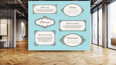 Retro frames or vintage frames with text. Black line frame icons on blue background. Vector illustration Wall mural