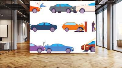 Road misfortunes. Broken crash cars road traffic accident, insurance damage dangerous wreck vehicle car thieves injured pedestrian breakdown automobile splendid vector illustration Wall mural