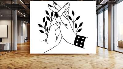 Romantic meeting hands. Cartoon holding caring palms, concept of safety and unity, vector illustration handshake of lovers isolated on a white Wall mural