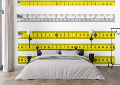 Ruler measuring tapes. Vector long tape set for measure, inches and metric meters, measurable yellow and white objects isolated on white background Wall mural