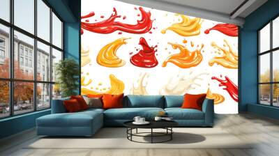 Sauces splashes cartoon vector set. Mustard mayonnaise ketchup cheese caesar cream drops smudges spilled flowing melts gravy liquid condiments, isolated on white background Wall mural