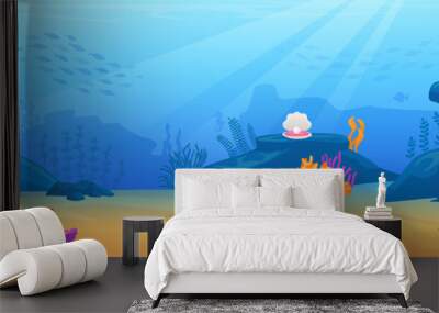 Seabed landscape. Underwater sea ecosystem, marine aquarium bottom with seaweed algae stone fish ocean fauna panorama seafloor Wall mural