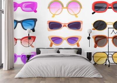 Sun spectacles. Various trendy sunglasses with different lens, fashion black glasses cool shades eyewear plastic eyeglasses sunlight goggles collection set neat vector illustration Wall mural