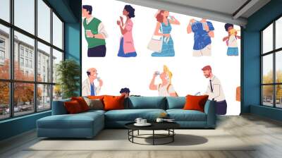 Thirsty people drinking. Cartoon men women drink lots refreshing water, thirst or dehydration concept, old young person consumption health drinks in hot classy vector illustration Wall mural