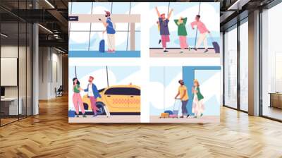 Tourists going on vacation. People with suitcase luggage go trip, family child traveling in summer holiday, romantic journey or student friends tourism classy vector illustration Wall mural