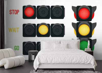 Traffic lights concept. Safety signals for driving transport in city, urban safety with semaphores, vector illustration stoplights for intersection street isolated on white background Wall mural