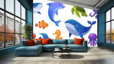 Underwater inhabitants. Cartoon aquatic animals inhabit sea nature, adorable fish ocean creatures cute marine animal characters crab squid octopus, ingenious vector illustration Wall mural