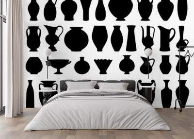 Vintage greek vases black silhouette on white background, vector illustration Wall mural