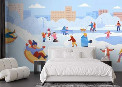 Walking in winter park. Active people in snow landscape, wintering family outdoor activities, skiing ice skating rink sled making snowman christmas holiday swanky vector Wall mural