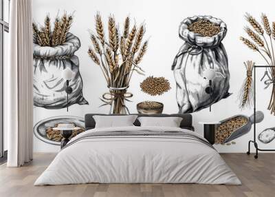 Wheat color sketch vector set. Seeds ears plate spoon bowl rope bag stems vegetable organic flour grains flakes vegetable cereals bread food seeds, illustrations isolated on white background Wall mural