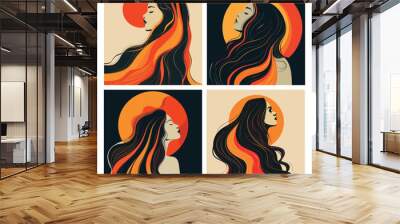 Woman long hair posters. Lady profile face absctract portraits trendy art, female march head american women feminism cover set vector illustration Wall mural