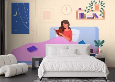 Woman reading on bed. Beautiful girl relax and reading book before sleep in home bedroom, night bedtime study or rest cosy bedding blanket with cat bedside, vector illustration Wall mural