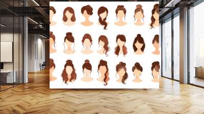 Women hairstyles. Woman haircut girl hair coiffure brunette female face head model for hairdresser set cartoon flat vector illustration Wall mural