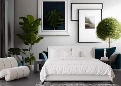 Luxury living room with plants and posters. Generative AI. Wall mural