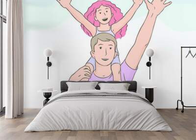 A man with a girl on his shoulders , happ y fathe r an d daughter, cartoon vecto r isolate d EPS image Wall mural