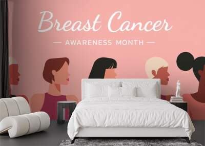 breast cancer awareness month web banner for disease prevention campaign of diverse ethnic women group together with pink support ribbon symbol concept, vector flat illustration
 Wall mural