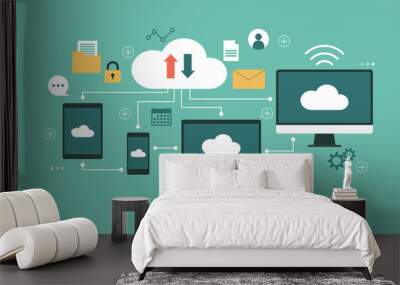 Cloud computing technology concept, information or files storage, data processing service with computer, laptop, tablet and smartphone, vector flat illustration Wall mural