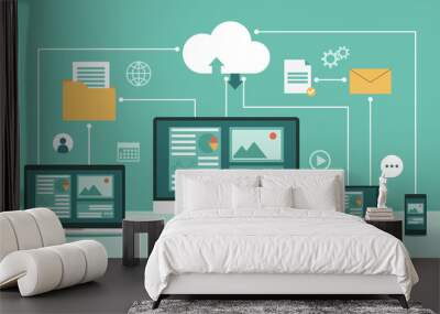 Cloud computing technology network with computer monitor, laptop, tablet, and smartphone, Online devices upload, download information, data in database on cloud services, vector flat illustration Wall mural