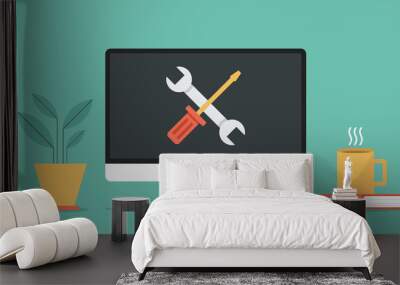 computer repair and technical support service or maintenance concept with wrench and screwdriver on screen, vector flat design illustration Wall mural