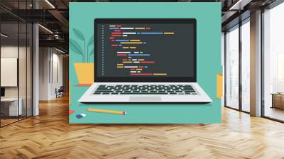 computer software with programming coding text on window laptop screen, vector flat illustration	
 Wall mural