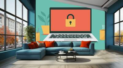 computer system security concept with padlock icon on laptop screen, vector flat illustration	
 Wall mural