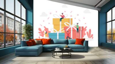 concept of new year or birthday gifts celebration with happy tiny people and large presents, flat ve Wall mural