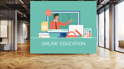 e-learning and online education concept, distance learning, teacher connecting online math lesson via video website platform on computer, vector flat illustration Wall mural