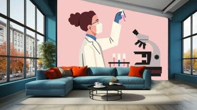 Female Doctor or Scientist Holds Test Tube in Laboratory, Advancing Healthcare Innovation with Research and Experimentation, Vector Flat Illustration Design Wall mural