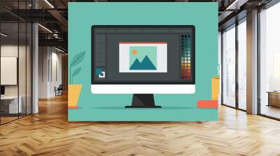 graphic designer with program editing software on computer screen, vector flat design illustration Wall mural