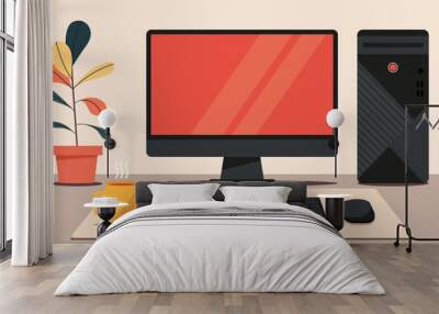 home office workspace concept, blank screen desktop computer on desk with CPU, keyboard, mouse, cup, large mouse pad, and plant, vector flat illustration Wall mural