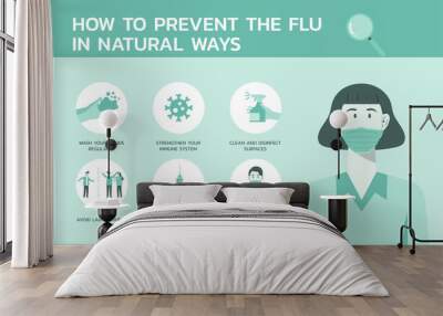 how to prevent the flu in natural ways infographic, healthcare and medical about fever and virus prevention, vector flat icon symbol, layout, template illustration in horizontal design Wall mural