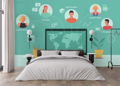 human hand searching and hiring freelancers on laptop computer from around the world, remote working online, work from home, work from anywhere, new normal concept, vector flat illustration Wall mural