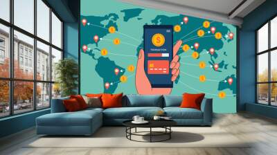 International Financial Freedom Concept, The Digital Platform Revolutionizing Cross-Border Money Transfer with Human Holding Phone, Vector Flat Illustration Design Wall mural