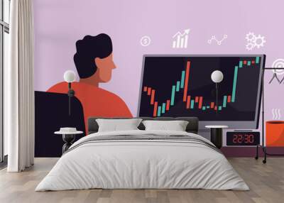 Investor man analyzing investment strategy and looking at graphs on computer screen thinking of financial risks, vector flat illustration Wall mural