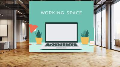 laptop computer with white blank empty display screen for copy space on working space, vector flat design illustration Wall mural